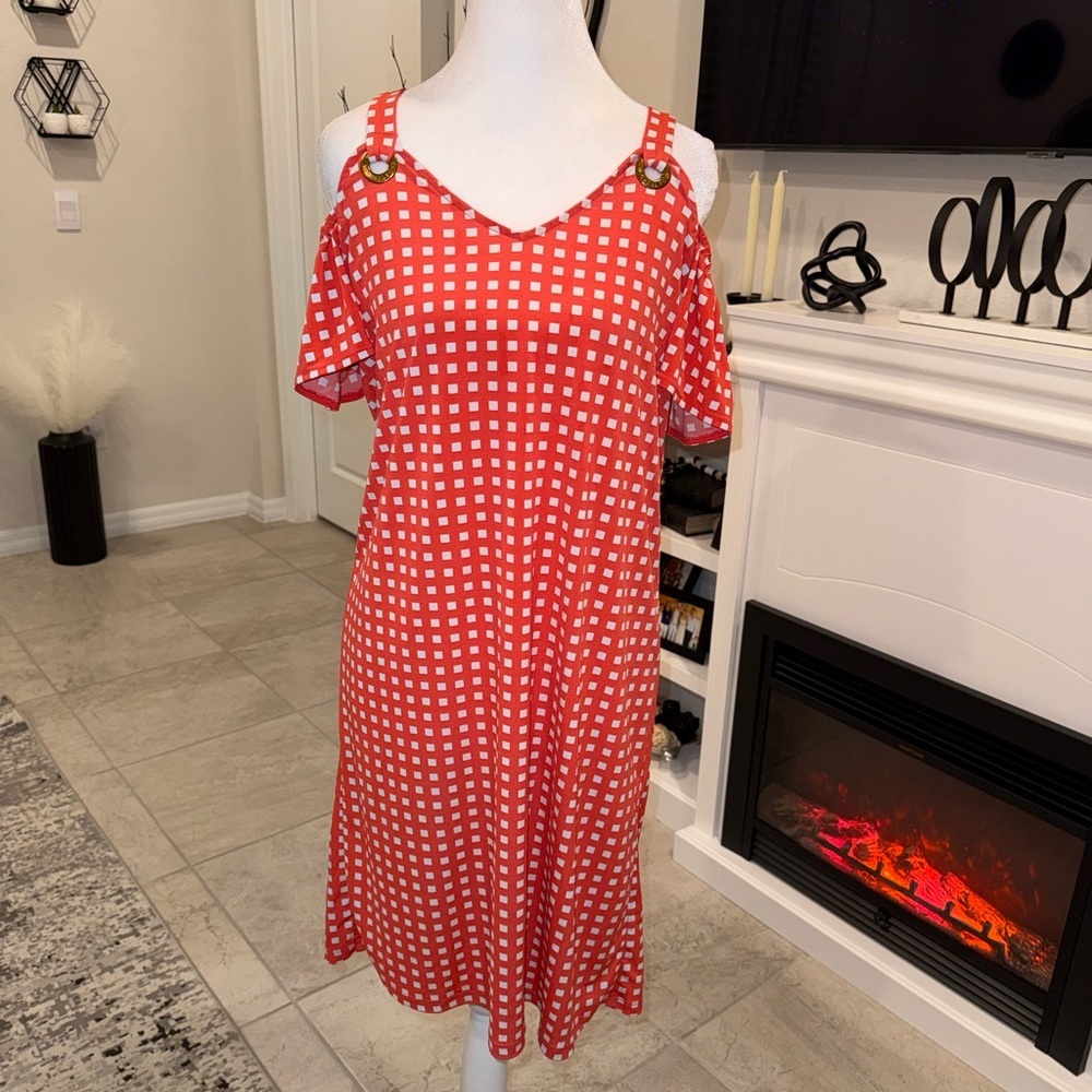 3 x 20$ Michael Kors Red and White Gingham Cold-Shoulder Midi Dress Size XS